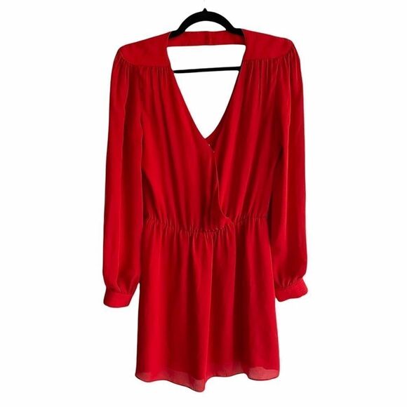 PARKER Silk Long Sleeve Mini Wrap Dress Red S - Picture 6 of 12